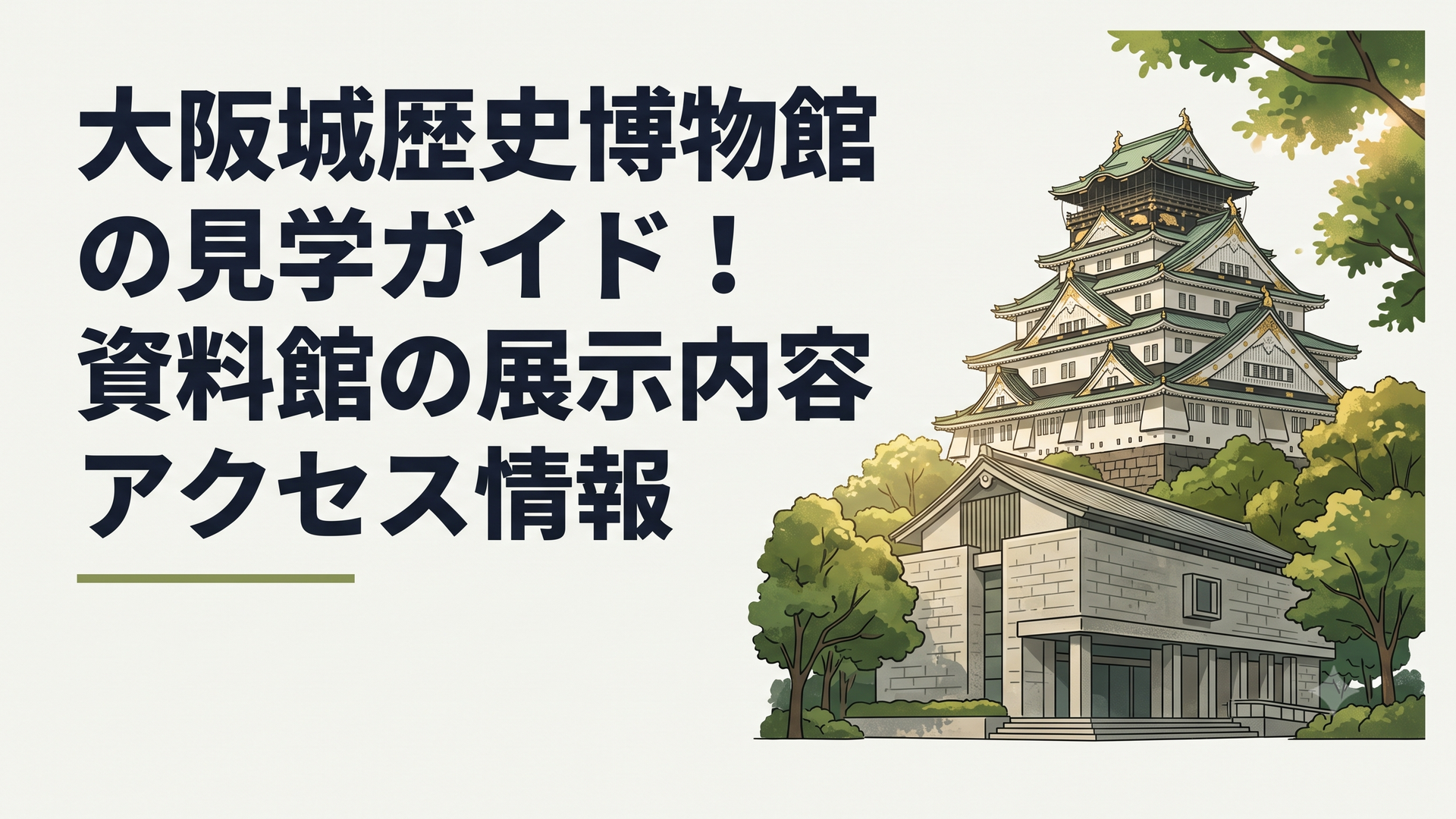近代的な大阪歴史博物館の建物の向こうに、壮大な大阪城天守閣と豊かな緑が広がる風景